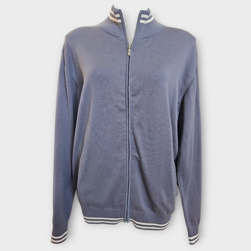 Maus & Hoffman Blue Zip-Up Sweater with Striped Collar